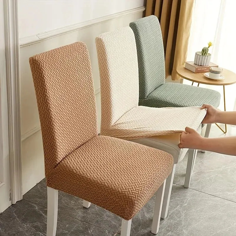 housses chaise élastiques universelles vert clair beige gris motif géométrique moderne adhésif polyester elasthanne