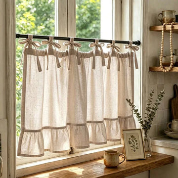 rideau cuisine beige clair tissu lin rayures fines opacité rustique vintage ruban noué métalliques