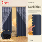 Paire de rideaux occultants bleu foncé élégants pour chambre à coucher. Style moderne avec motif délicat en haut. Idéal pour améliorer l'obscurité et l'intimité de votre espace. Accessoire de décoration parfait pour une ambiance apaisante et chic.