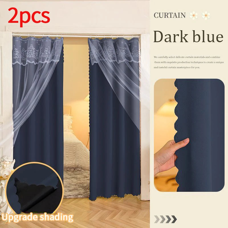 Paire de rideaux occultants bleu foncé élégants pour chambre à coucher. Style moderne avec motif délicat en haut. Idéal pour améliorer l'obscurité et l'intimité de votre espace. Accessoire de décoration parfait pour une ambiance apaisante et chic.