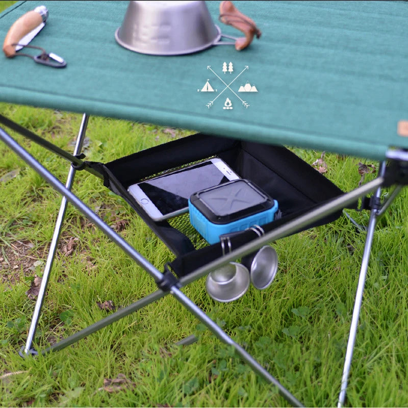 table pliante portable sac filet transparent camping outdoor accessoires cuisine cuir marron vert argenté