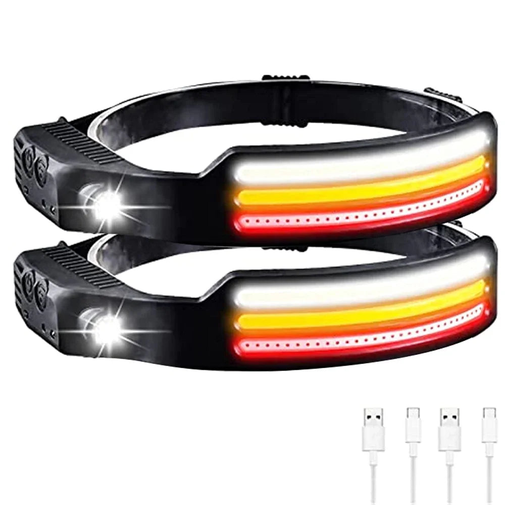 lampe frontale rechargeable led noir blanc rouge jaune rayures horizontales induction lumineuse modes ipx4