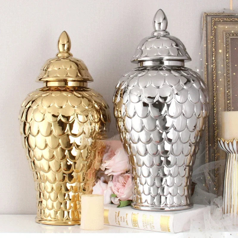 vases décoratifs modernes or blanc argentés motifs ronds couvercles assortis