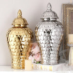 vases décoratifs modernes or blanc argentés motifs ronds couvercles assortis