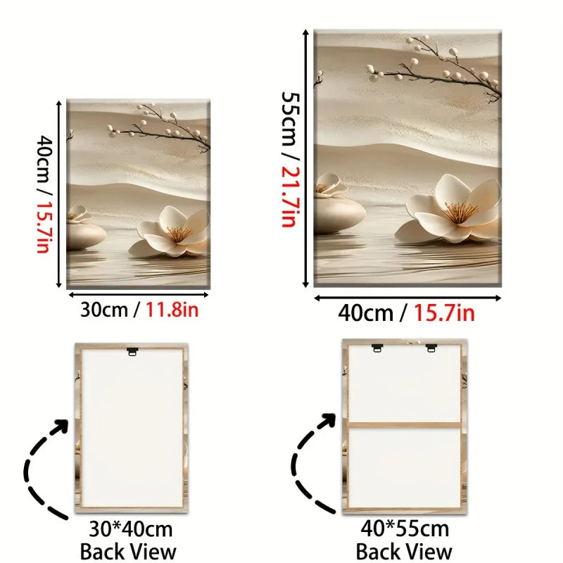 tableaux zen minimaliste fleurs blanches branches pierres eau sable cadre miroir toile impression chambre