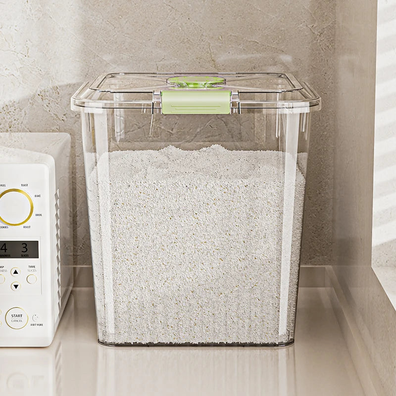 distributeur riz couvercle rabattable poignée détachable réutilisable transparent vert clair moderne pratique