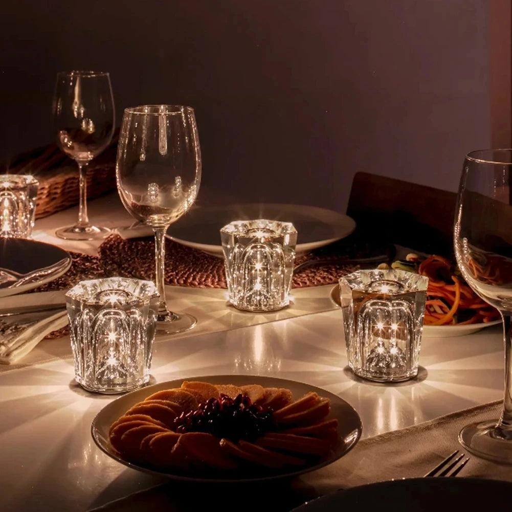 lampe table moderne transparente facettes brillantes élégante chambre coucher ambiance dorée led rechargeable
