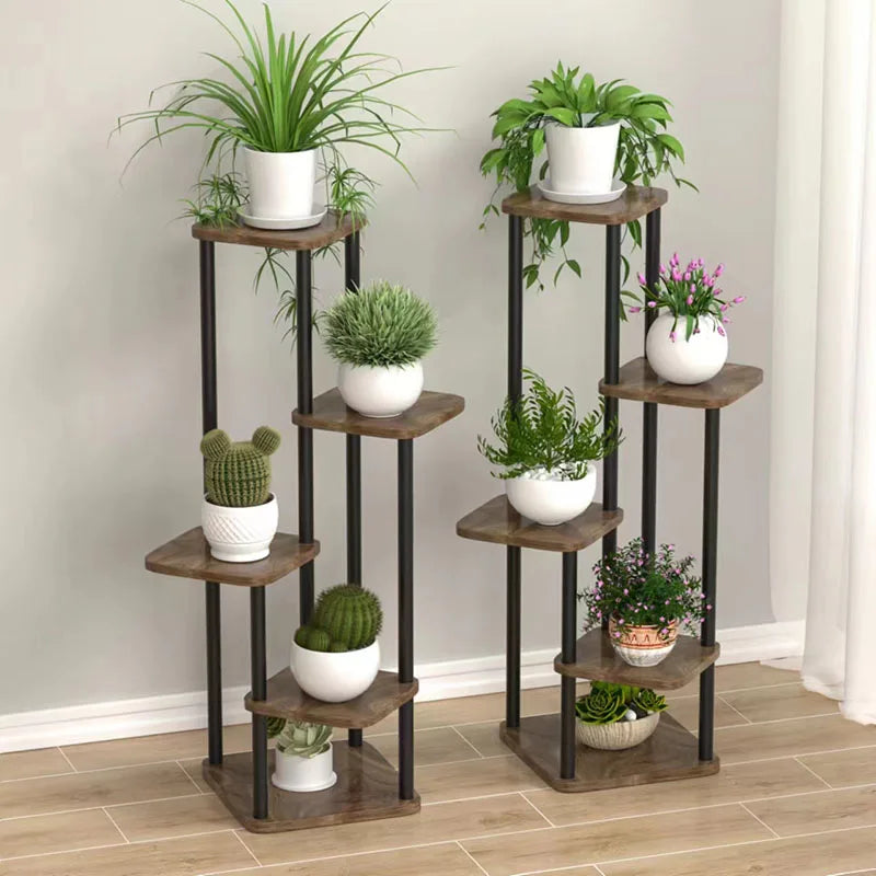 étagère plantes bois brun moderne niveaux pots blancs métal noir