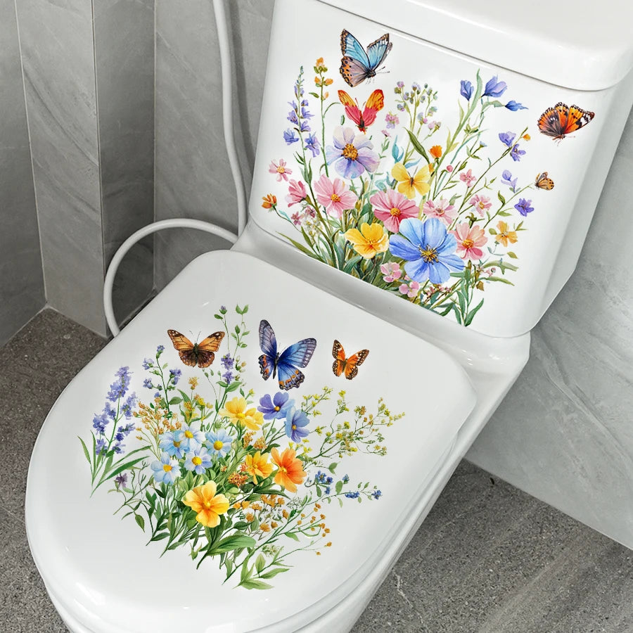 sticker mural fleurs papillons multicolore deco toilette salle bain pvc adhesif classique realiste