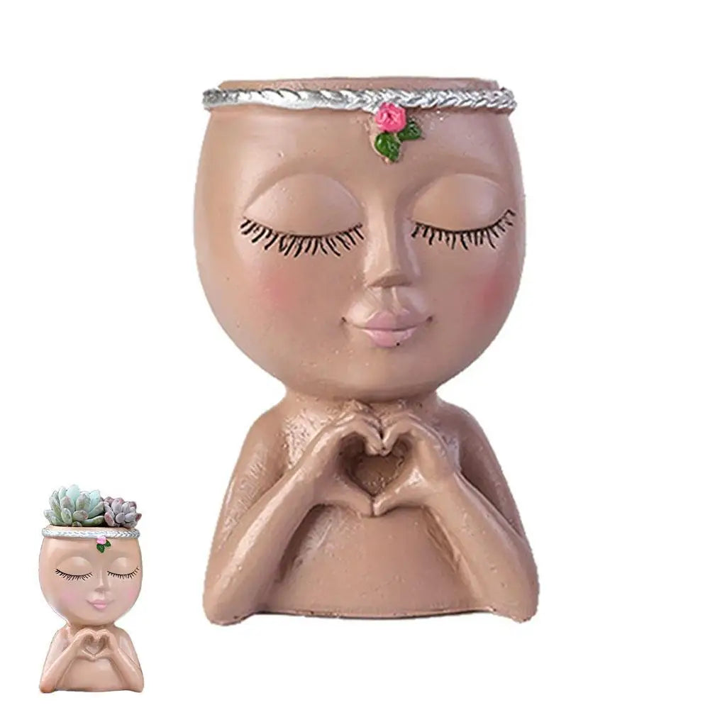 pots décoratifs résine tête féminine succulentes fleurs herbes bohème zen blanc rose vert