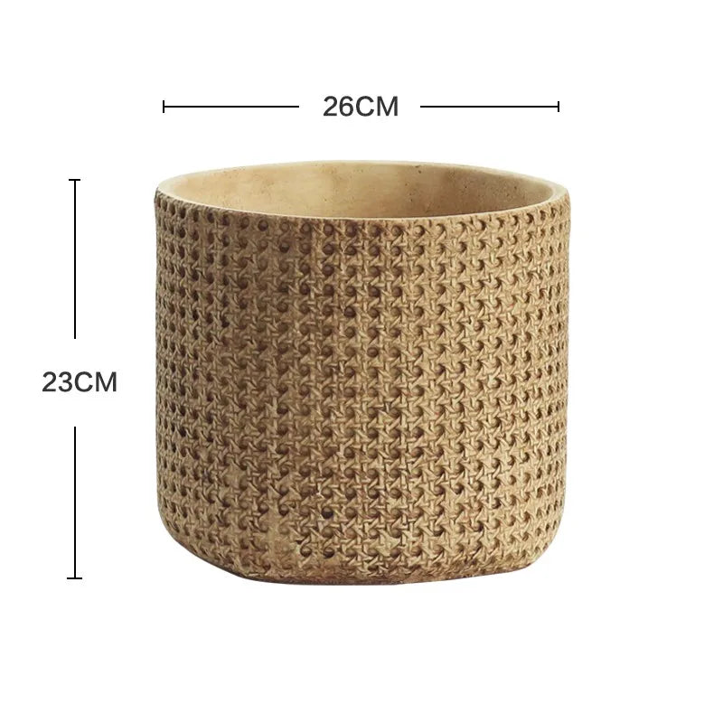 Pot plante tissé marron clair moderne rustique plante verte graines noires serviette blanche