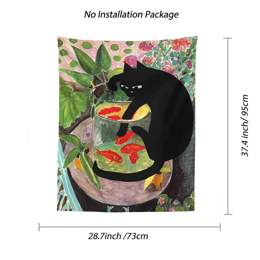 tapisserie murale chat poissons rouges feuilles fleurs noir vert rose blanc artistique chambre decoration