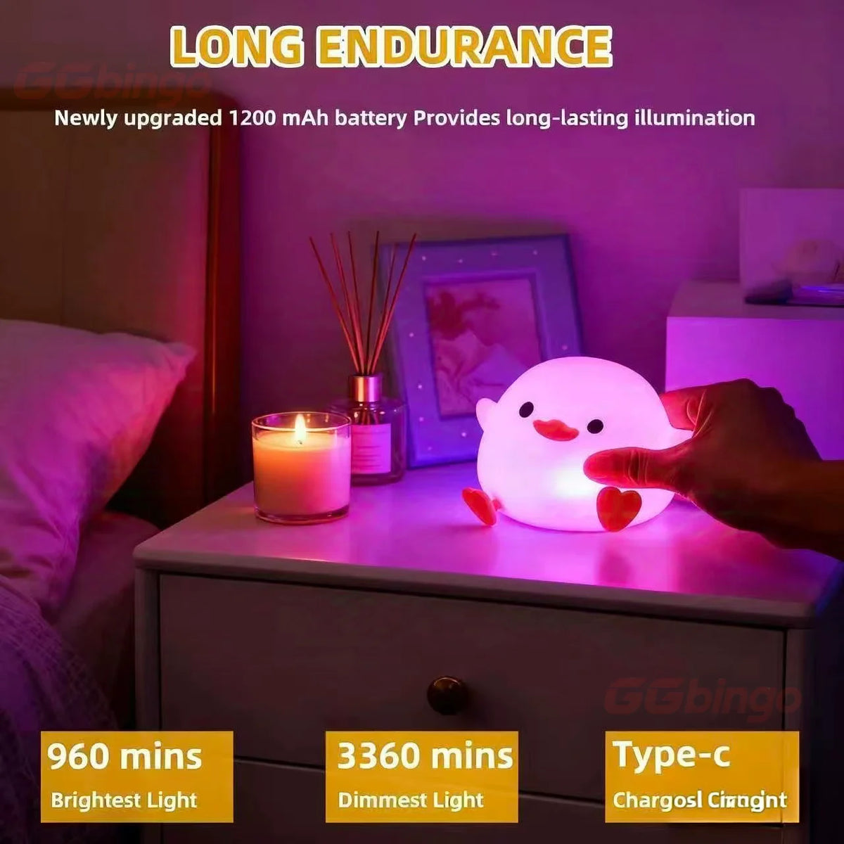 veilleuse table forme poussin blanc orange bec jaune pattes coeur moderne rechargeable led silicone