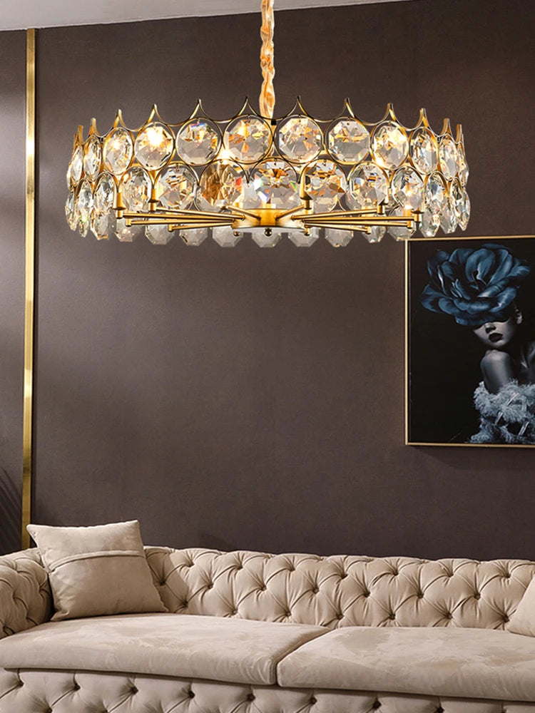 luminaire suspension cristal moderne luxe rond doré transparent salon salle manger chambre