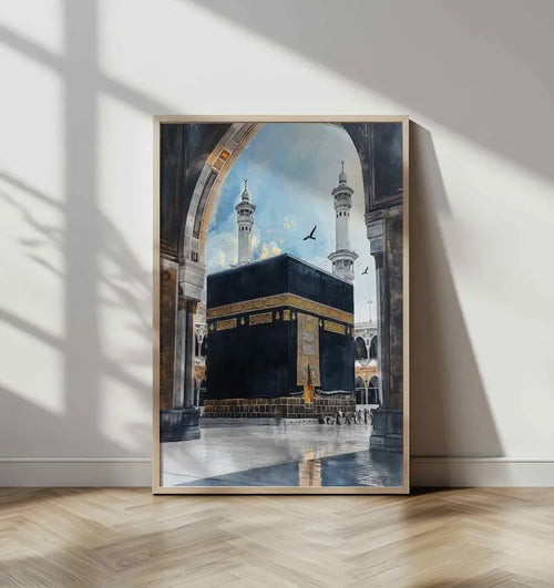 tableau aquarelle lieux religieux kaaba mosquée prophète toile murale multicolore architecture musulman classique İslam
