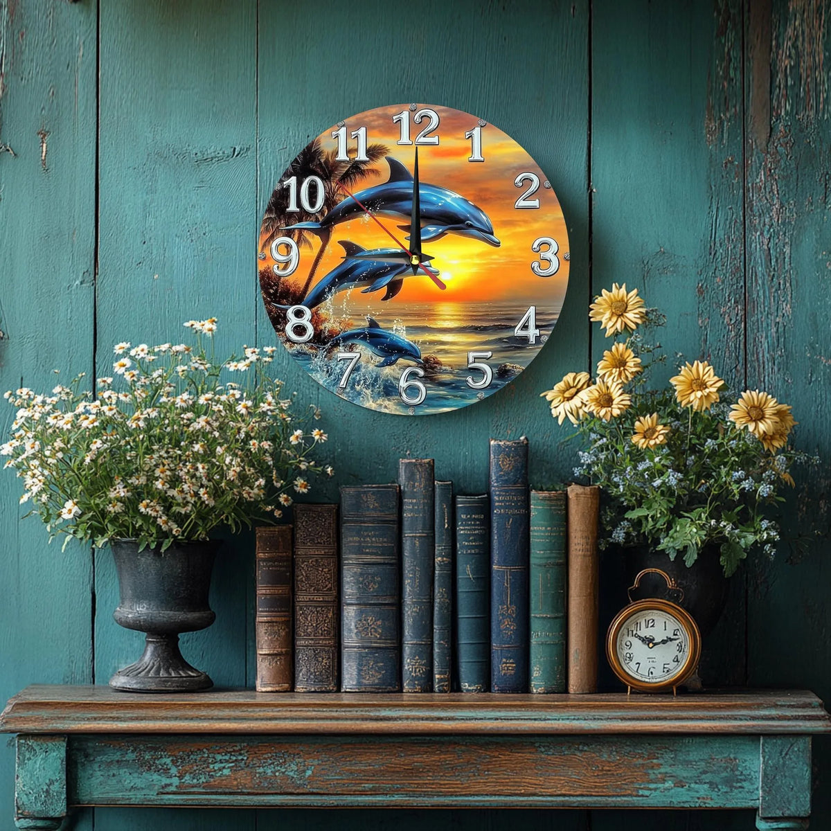 horloge murale bois dauphins coucher soleil palmiers moderne chambre decoration
