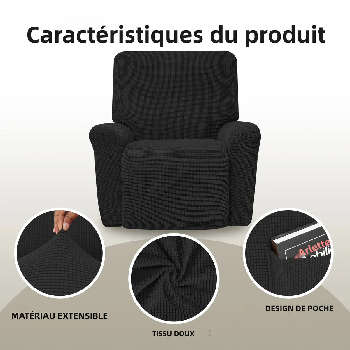 Housse fauteuil inclinable bleu noir gris jacinquée extensible moderne poche adhésif lavage machine