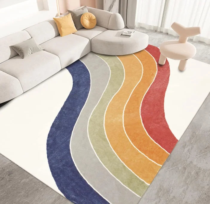 tapis multicolore moderne rayures floraux polyester antidérapant salon chambre bleu rose