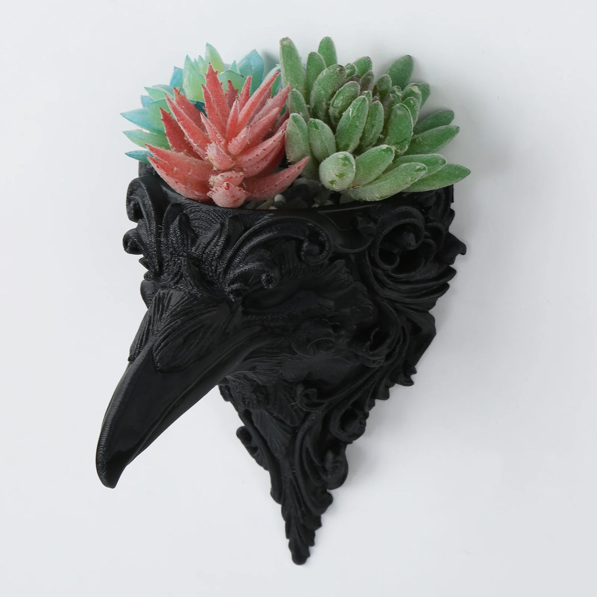 pot fleurs tête corbeau noir gothique sculpté succulentes décoration murale halloween vintage
