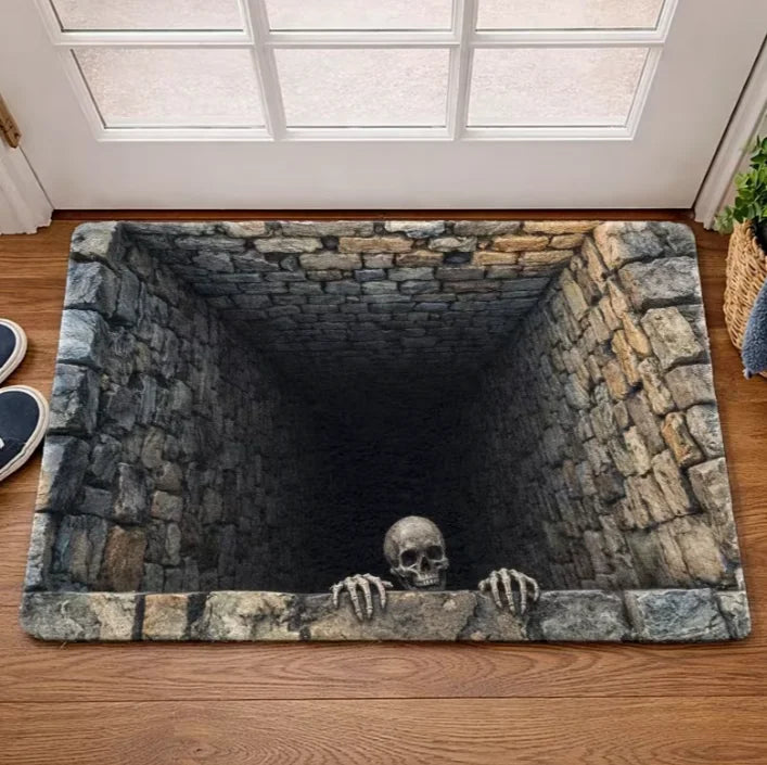 tapis porte extérieur motif mur pierre squelette halloween gris noir entrée maison