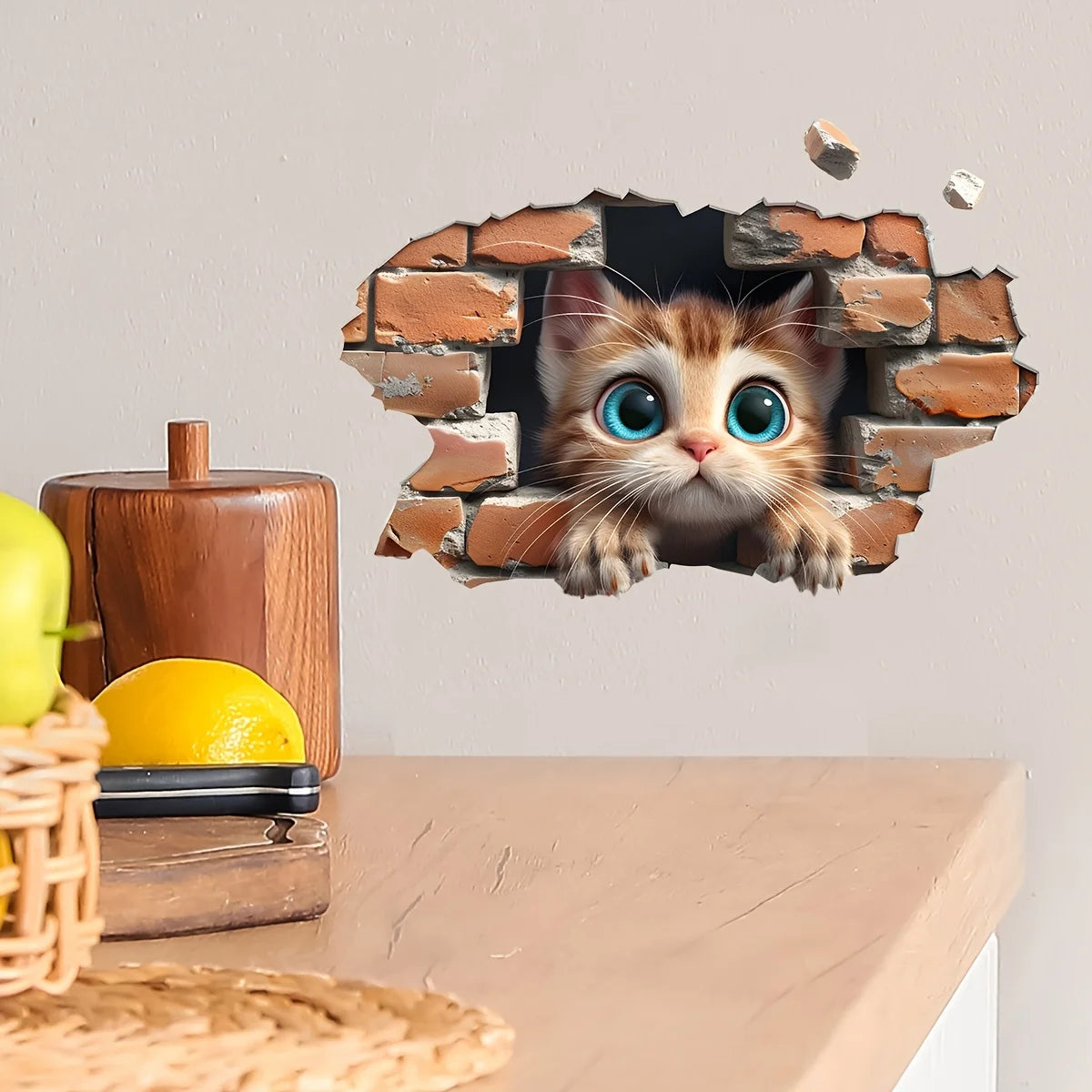 sticker decoratif chat 3d brique brise mur orange marron blanc bleu adhesif 20x30cm