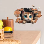 sticker decoratif chat 3d brique brise mur orange marron blanc bleu adhesif 20x30cm