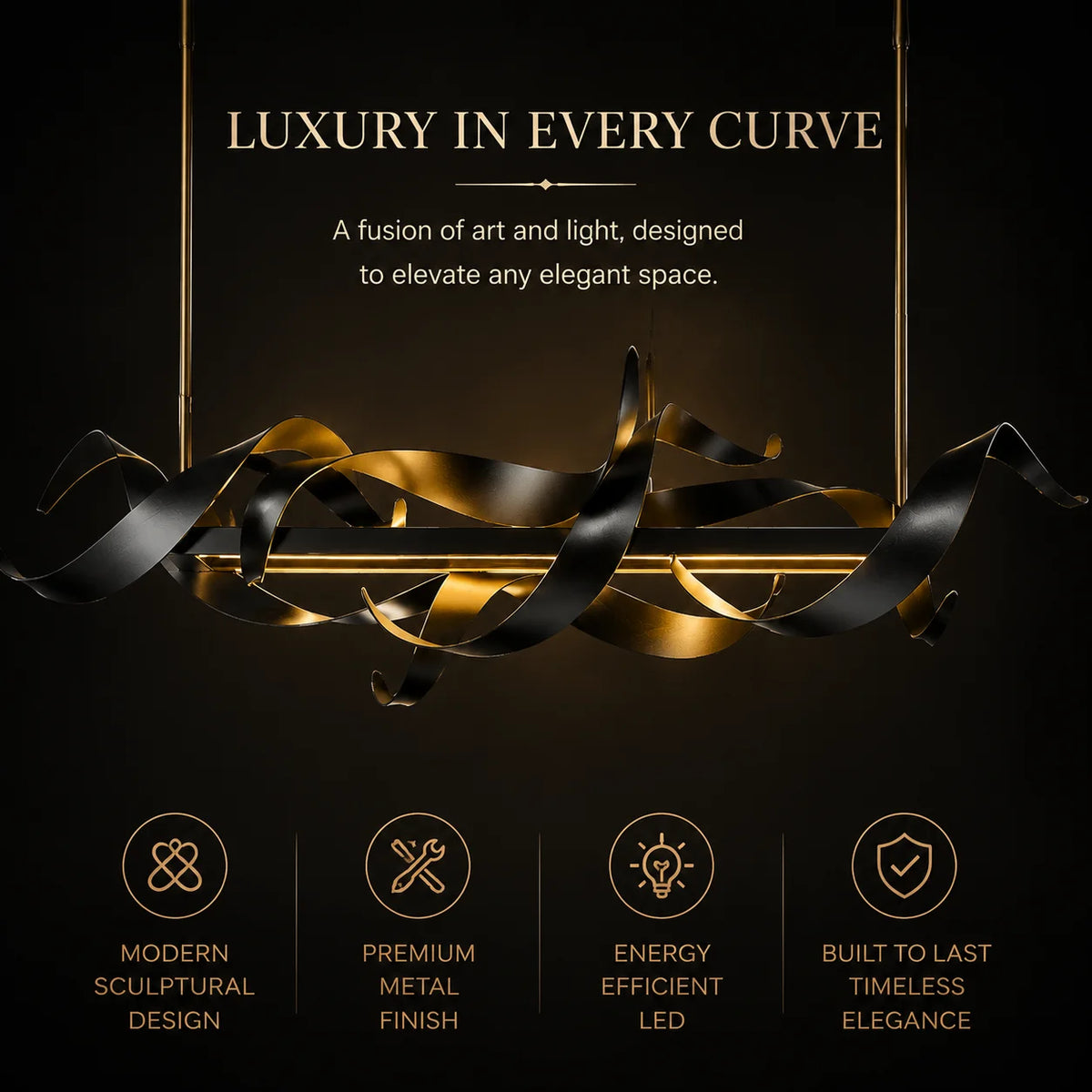lampe suspendue moderne élégante noir doré sculptural finition métallique luxueuse 120cm adjustable