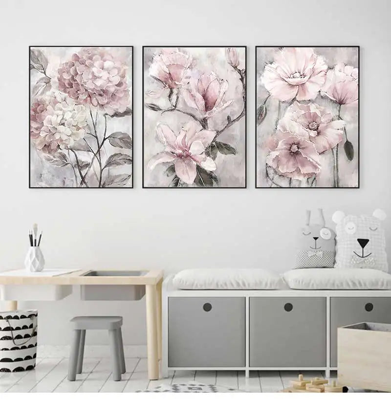 toile d'art moderne minimaliste fleurs abstraites rose blanche grise sans cadre chambre salon decoration