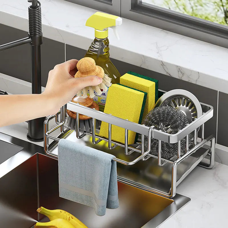 étagère cuisine inoxydable moderne adhésif gobelet nettoyage gant brosse serviette savon flacon liquide douche