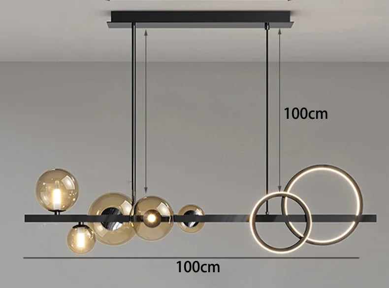 suspension lumineuse moderne noir doré verre transparent anneaux lumineux globes contemporains