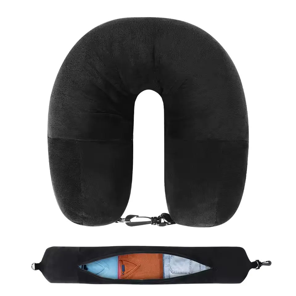 coussin voyage forme soie polyester velours noir confortable poche boucle ajustable