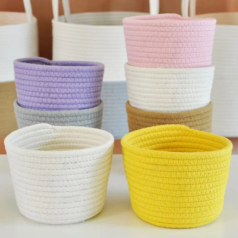 paniers rangement tissés motifs géométriques blanc rose violet beige jaune modernes réutilisables respectueux environnement