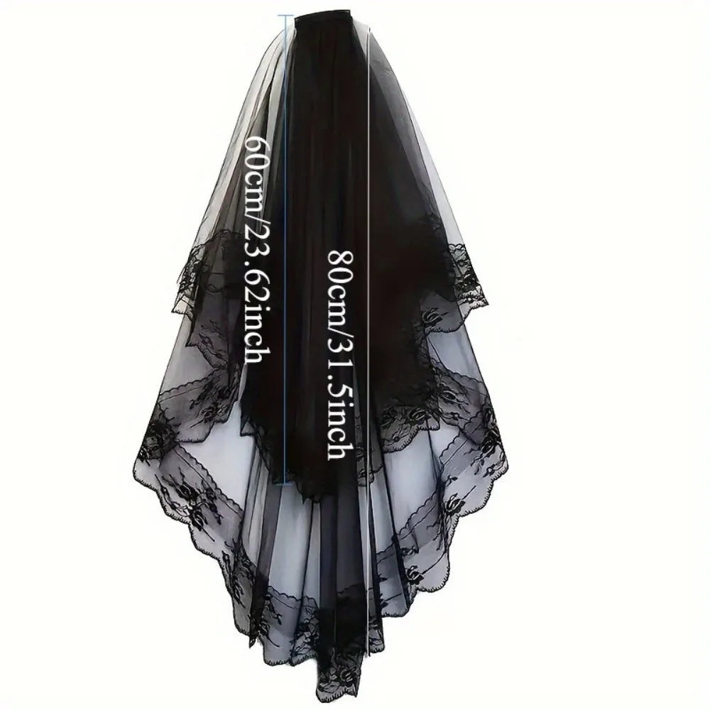 voile mariée dentelle noire blanche transparente classique élégante accessoire photo halloween fantôme double couche