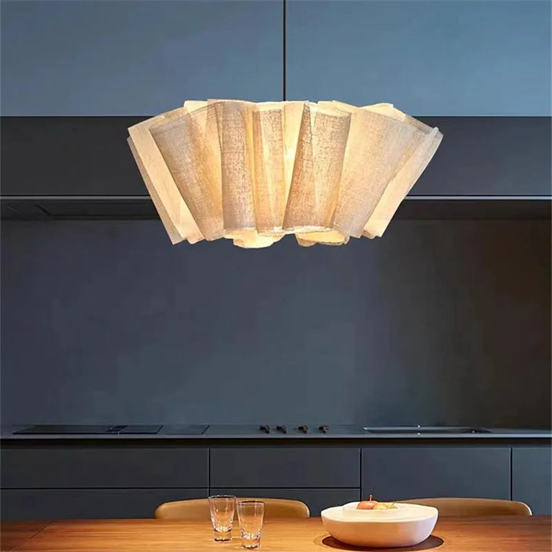 Suspension lumineuse moderne tissu beige clair rayé pliable salon chambre d'hôtel trois lumières