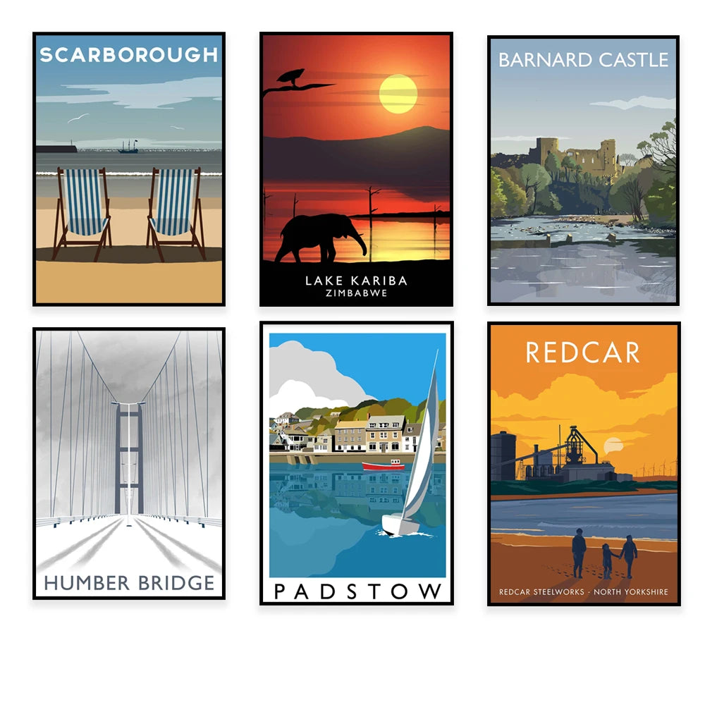 Cette série d'images promotionnelles présente différents lieux et attractions touristiques à travers le Royaume-Uni et le Zimbabwe, avec des illustrations au style vintage.