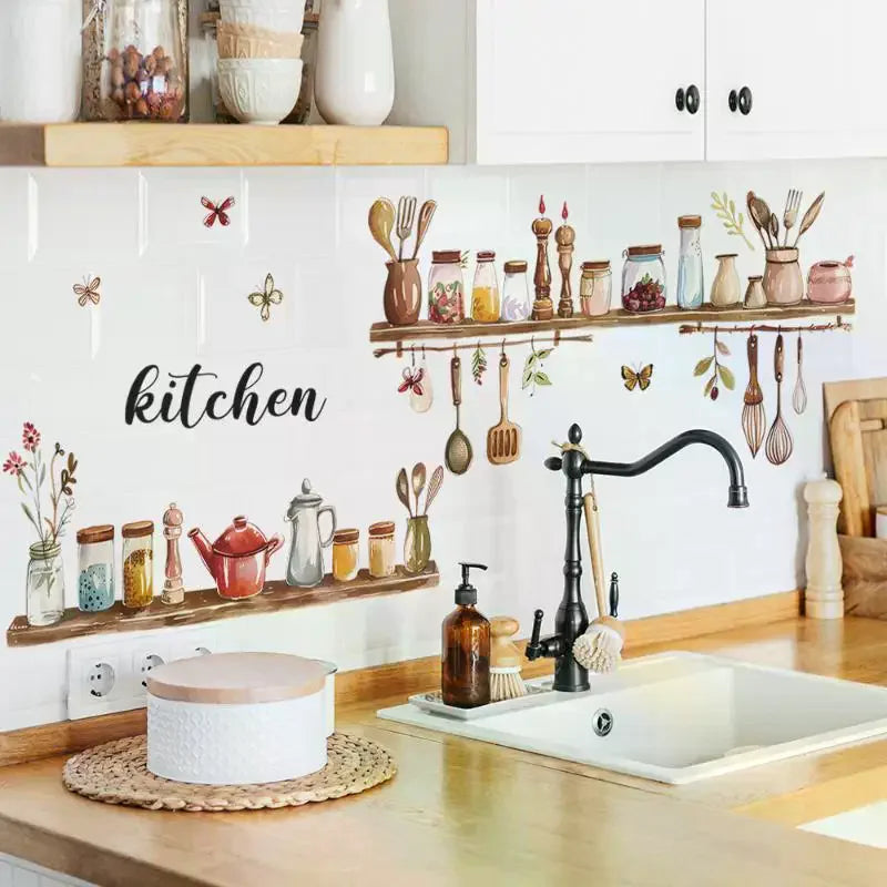décoration murale sticker cuisine étagères bocaux ustensiles fleurs papillons aquarelle rustique