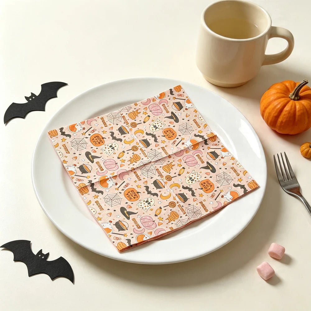 serviettes papier halloween fantômes citrouilles araignées rose clair orange noire festives table 33cm pack