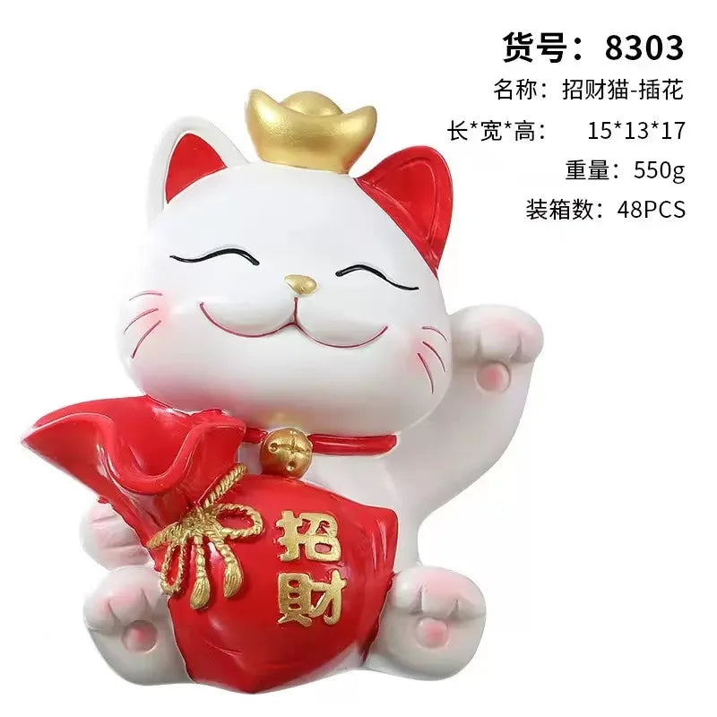 statue chat porte bonheur blanc doré artisanal détails dorés pochette rouge plateau texte rouge