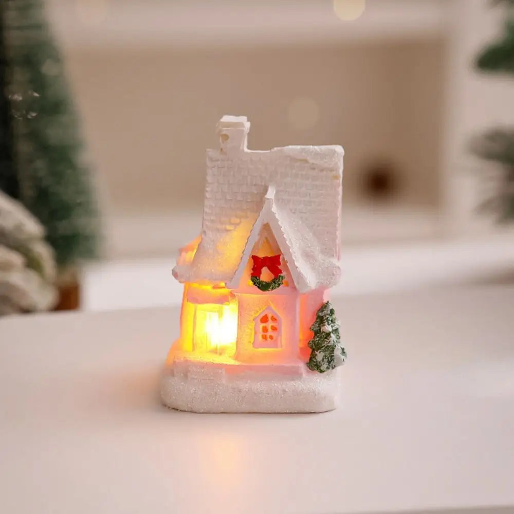 ornement noël miniature maison lumineuse rose brique neige toit fenêtres porte guirlandetoyshop