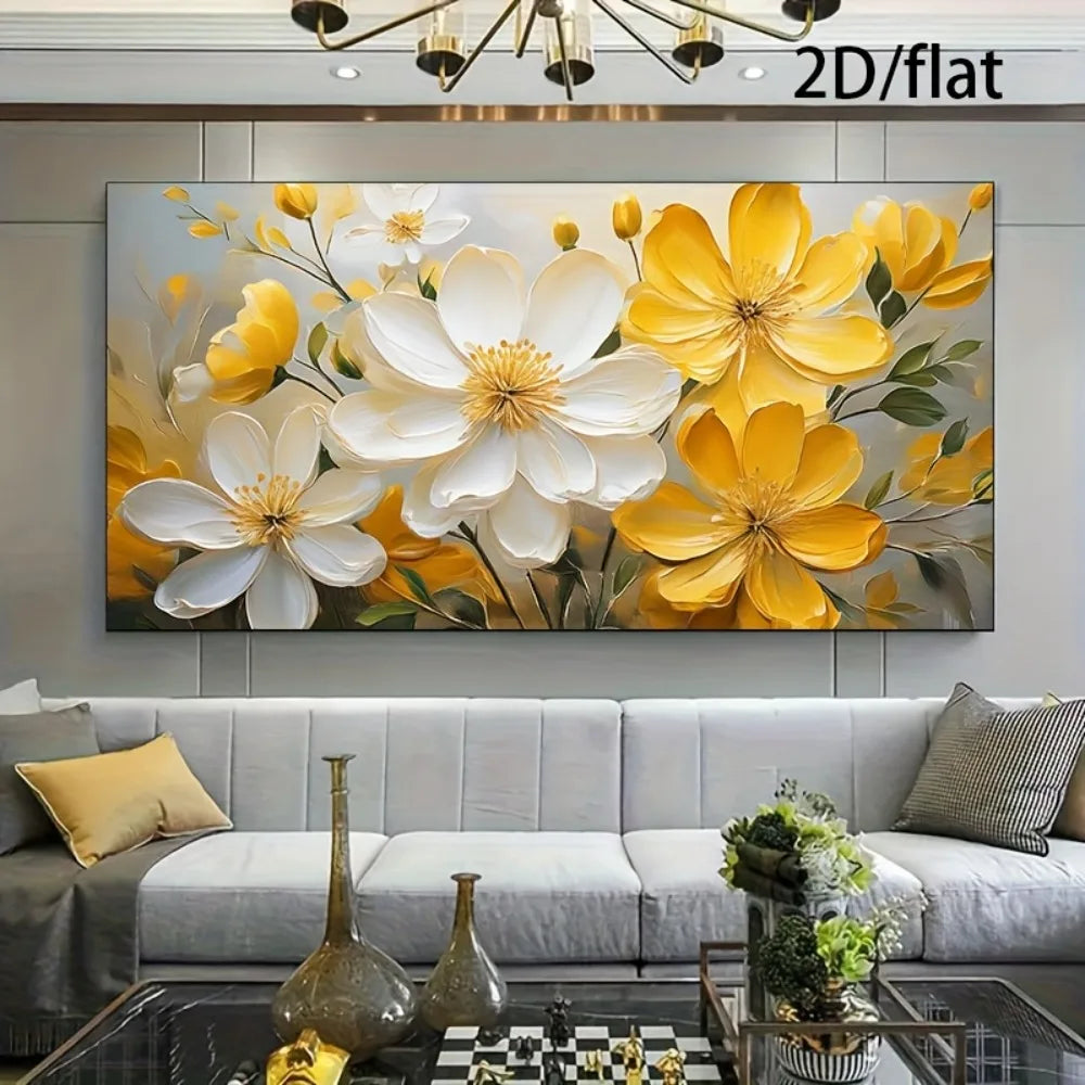tableau mural moderne fleurs stylisées jaune blanc gris encre imperméable toile sans cadre