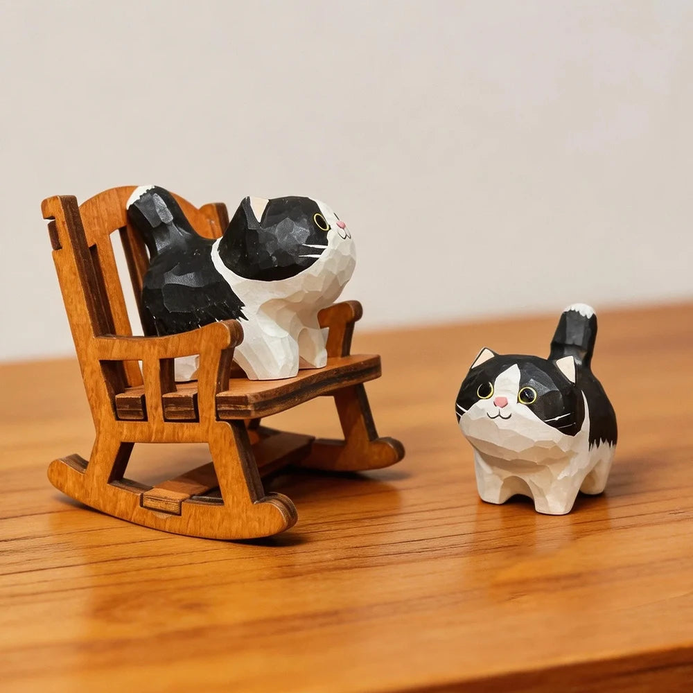 statuette artisanale moderne chat noir blanc geometrique anneau metallique cadeau noel valentin mariage anniversaire
