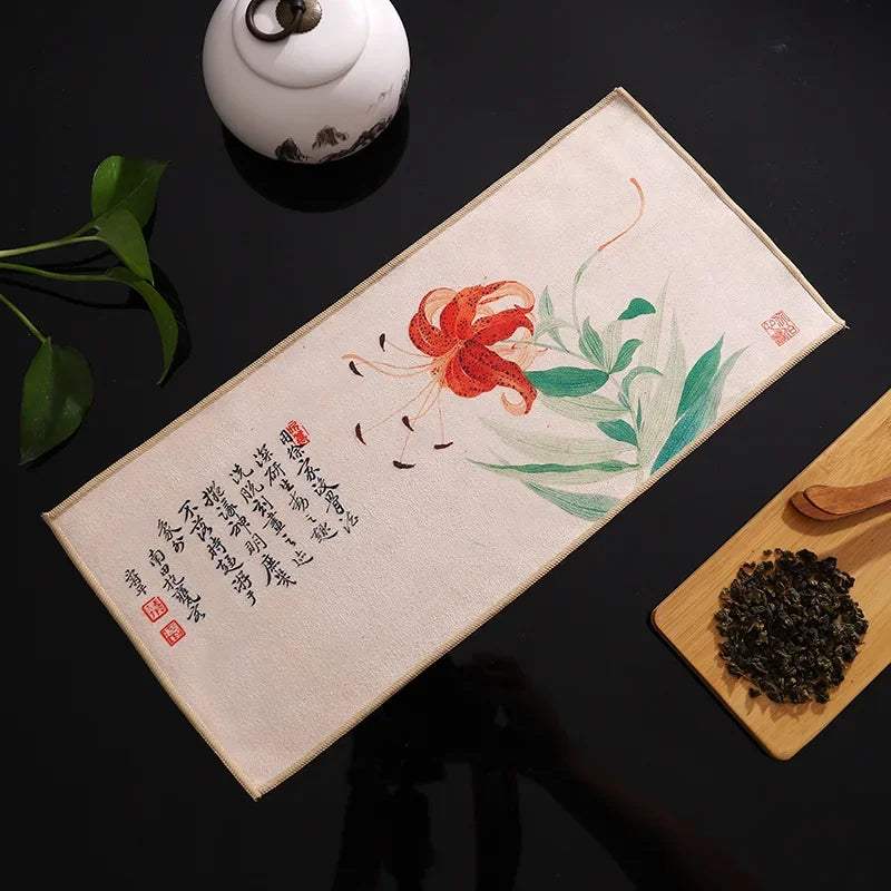 serviettes thé vert bleu beige peinture chinoise motifs floraux art traditionnel zipper cuisine