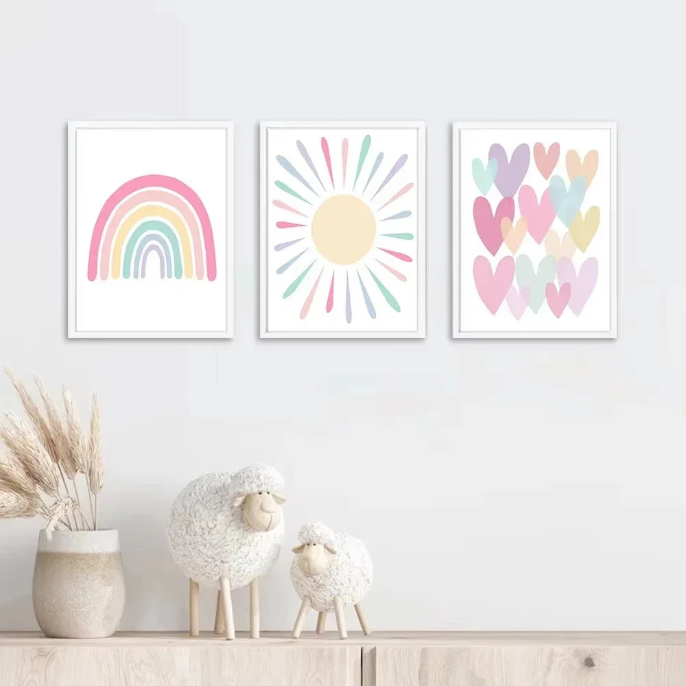 affiche dessin animé cœur arc ciel soleil moderne enfant rose blanc bleu jaune vert