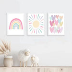 affiche dessin animé cœur arc ciel soleil moderne enfant rose blanc bleu jaune vert