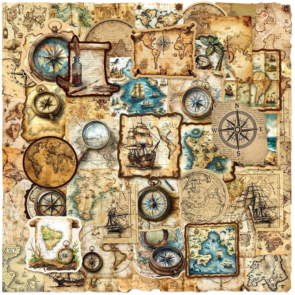 serviettes vintage cartes anciennes boussoles motifs géométriques beige marron bleu noir stickers deco 30pcs