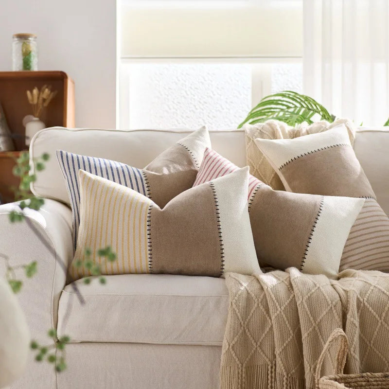 Coussins décoratifs rustiques rayés lin coton beige blanc rose bleu marine adhésifs