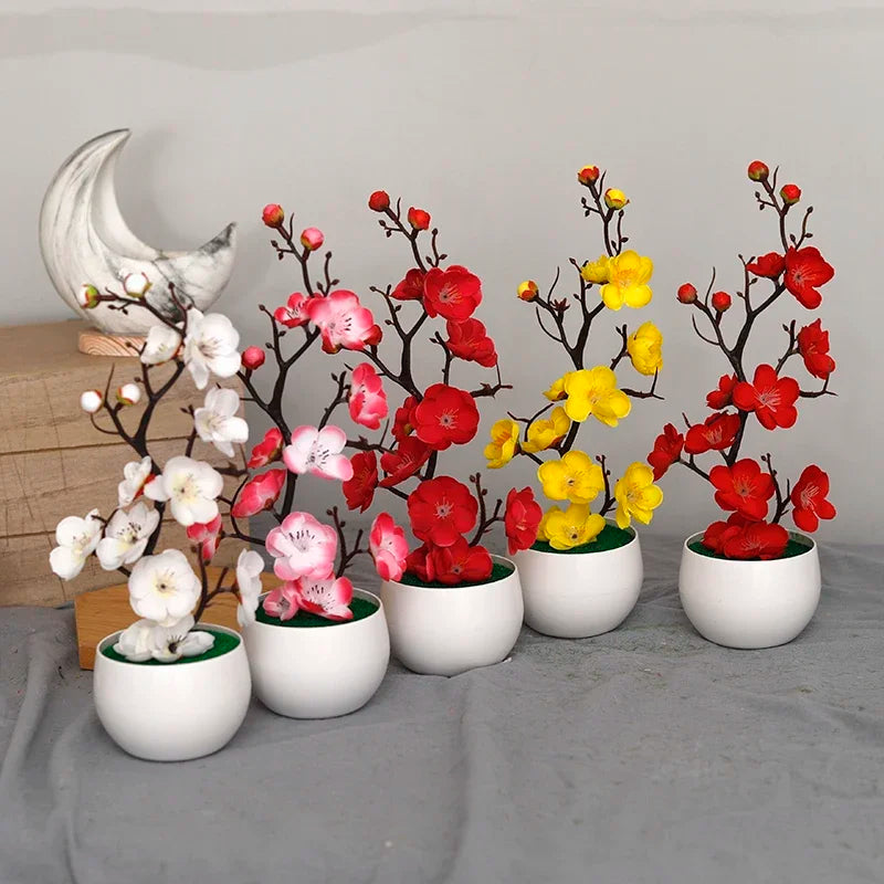 plantes artificielles branche fleurs rouge rose blanc simple feuilles pot blanc