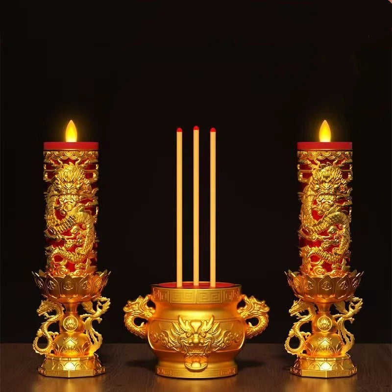 bougies led dragon or rouge artisanal traditionnel base ornée haute 26 cm