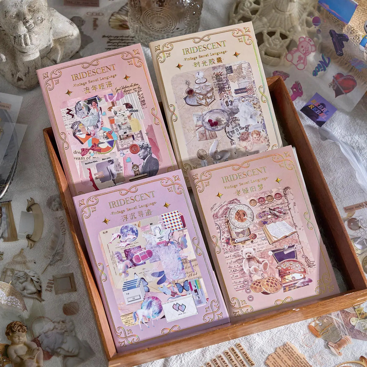autocollants vintage rose beige marron blanc collage papier illustrations textes rétro romantique scrapbooking journal