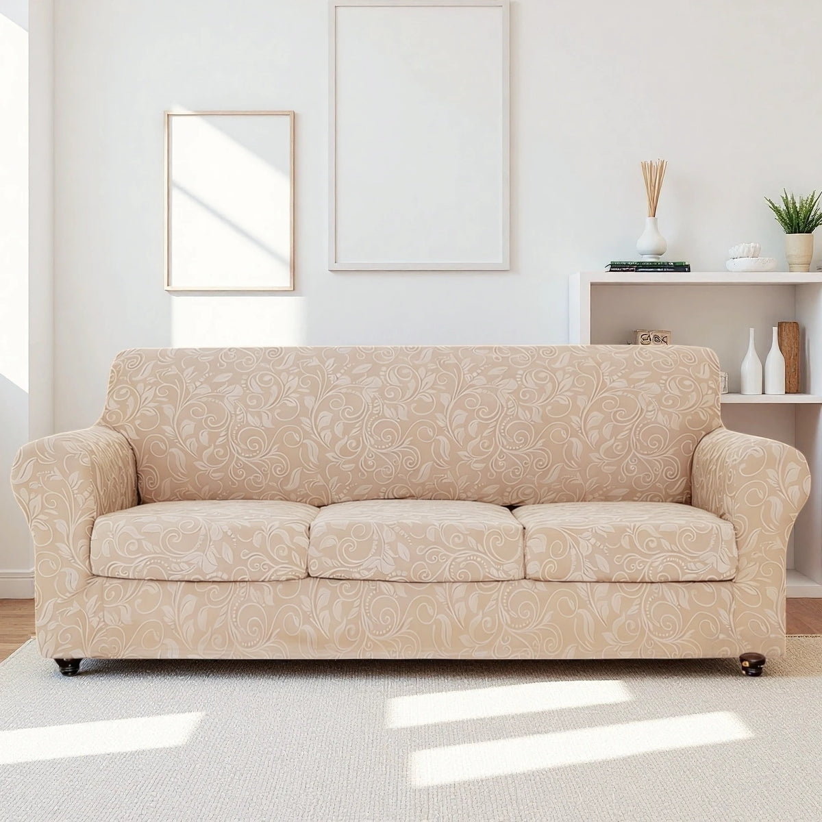 housse canapé gris clair motif floral moderne boutons élégants coussin inclusversible machine